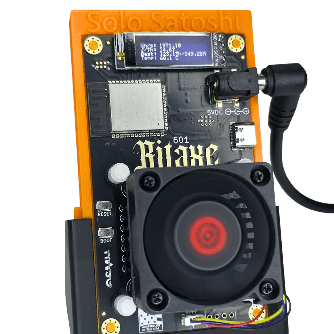 Dark Horse heatsink upgrade installed on Bitaxe miner with fan and OLED display, front view
