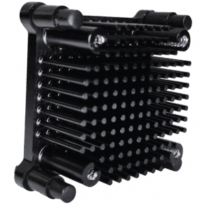 Angled view of Dark Horse Bitaxe heatsink upgrade showing dense fin layout and mounting points, black