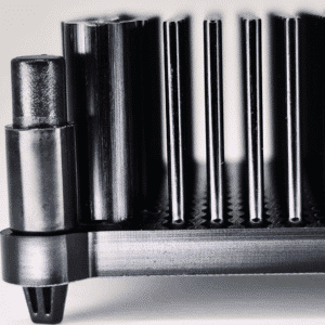 Close-up of Dark Horse Bitaxe heatsink upgrade showing mounting post and cooling fins, black