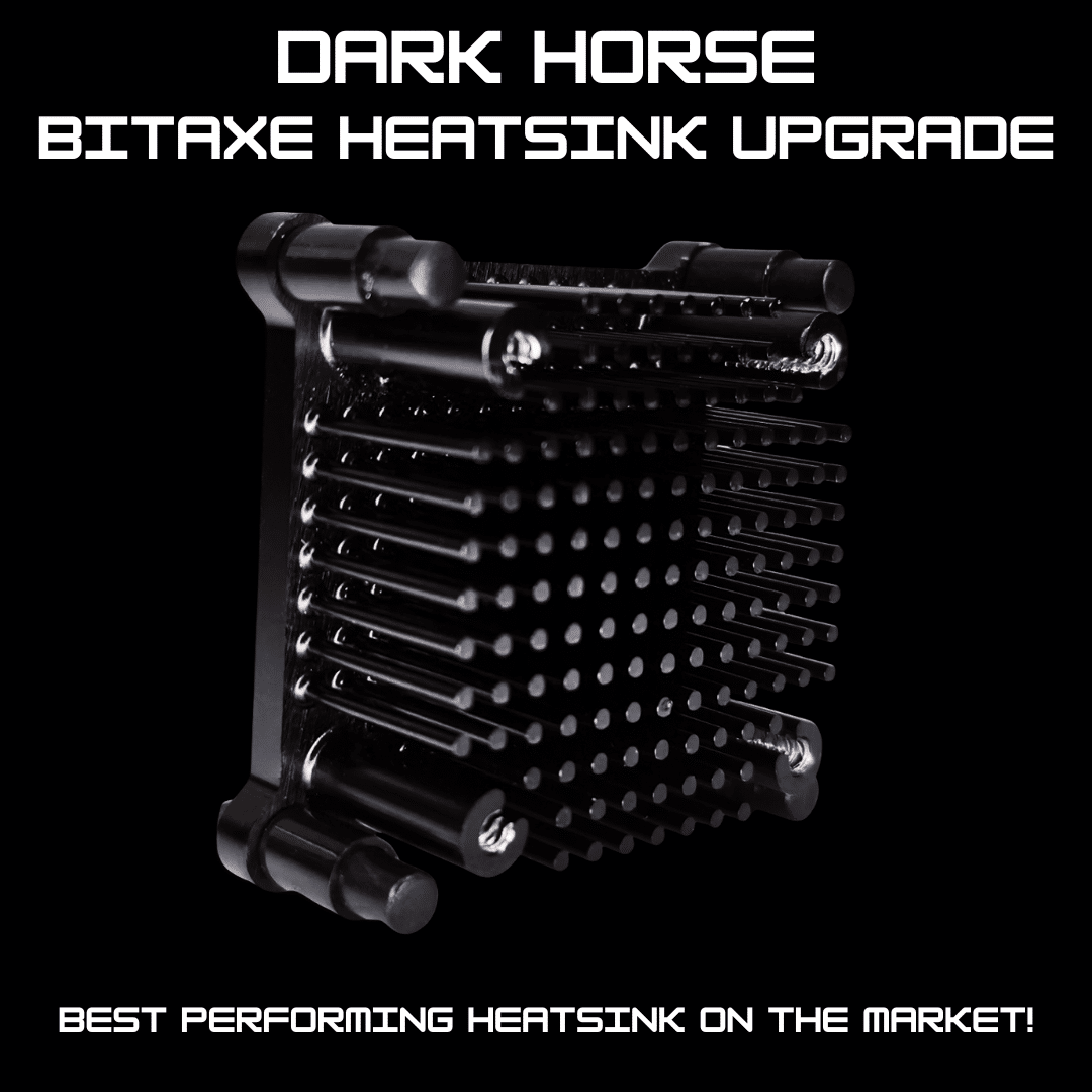 Dark Horse Bitaxe heatsink upgrade promo image with product photo and text