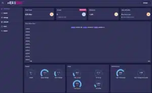Nerdaxe web dashboard first-boot screen showing 0 Gh/s hashrate, power gauges, and system menu