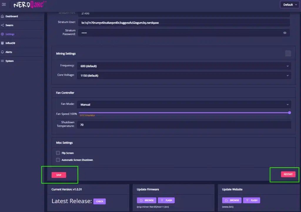 NerdAxe++ interface showing โSaveโ and โRestartโ buttons required after editing Wi-Fi and mining settings