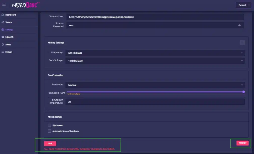 NerdAxe++ settings page showing Wi-Fi, mining frequency, core voltage and manual fan-speed slider for solo Bitcoin miner setup