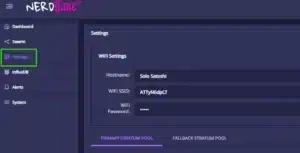 “NerdQaxe++ Settings menu highlighted, showing Wi-Fi SSID and hostname fields for solo Bitcoin miner setup”