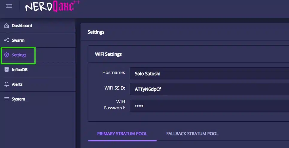 โNerdQaxe++ Settings menu highlighted, showing Wi-Fi SSID and hostname fields for solo Bitcoin miner setupโ