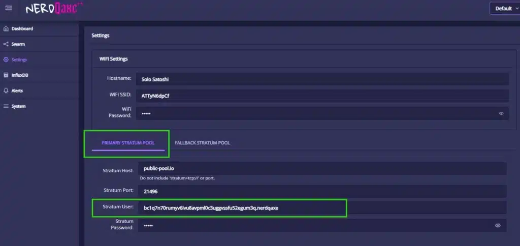 Nerdaxe setup โ Wi-Fi credentials and primary stratum pool settings screen with Solo Satoshi hostname, public-pool.io host, and bc1q Bitcoin payout address highlighted