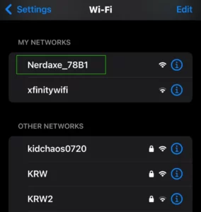 Nerdaxe Wi-Fi network SSID displayed on iPhone settings screen during Nerdaxe solo Bitcoin miner setup