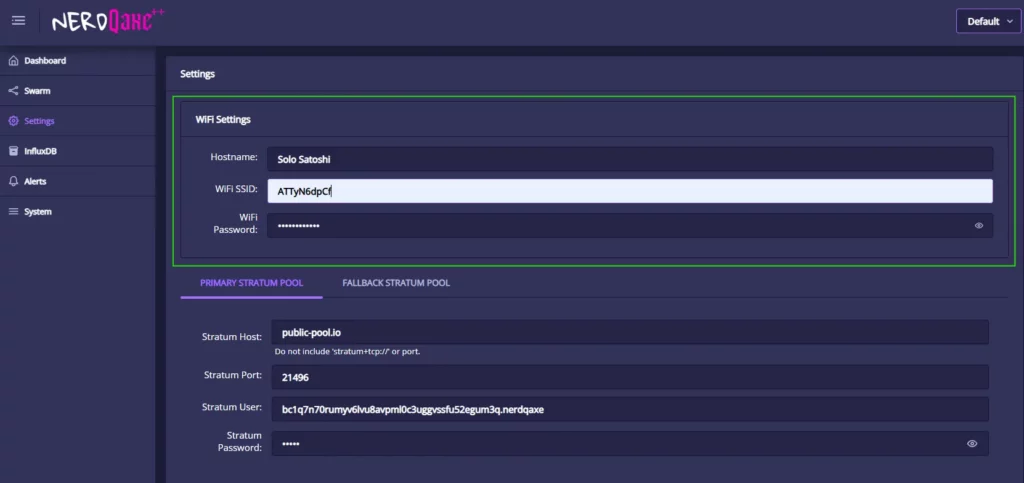 โScreenshot of the Nerdaxe++ dashboard โ Wi-Fi Settings panel highlighted, showing hostname โSolo Satoshiโ, SSID entry field, and password box.โ
