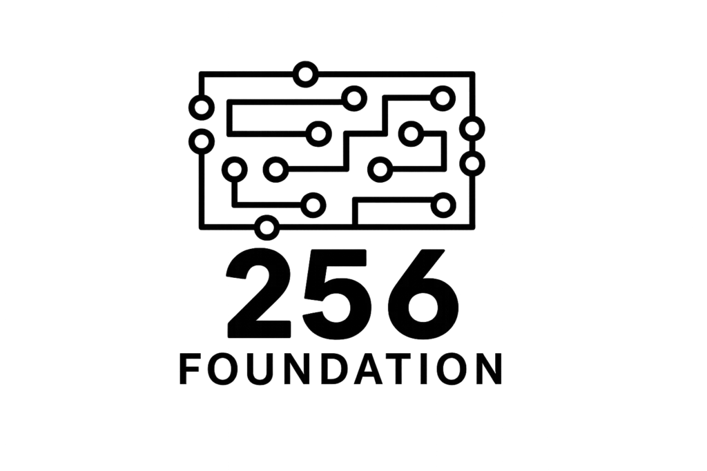 256 Foundation logo featuring a minimalist black circuit board design above bold “256 FOUNDATION” text on a transparent background.