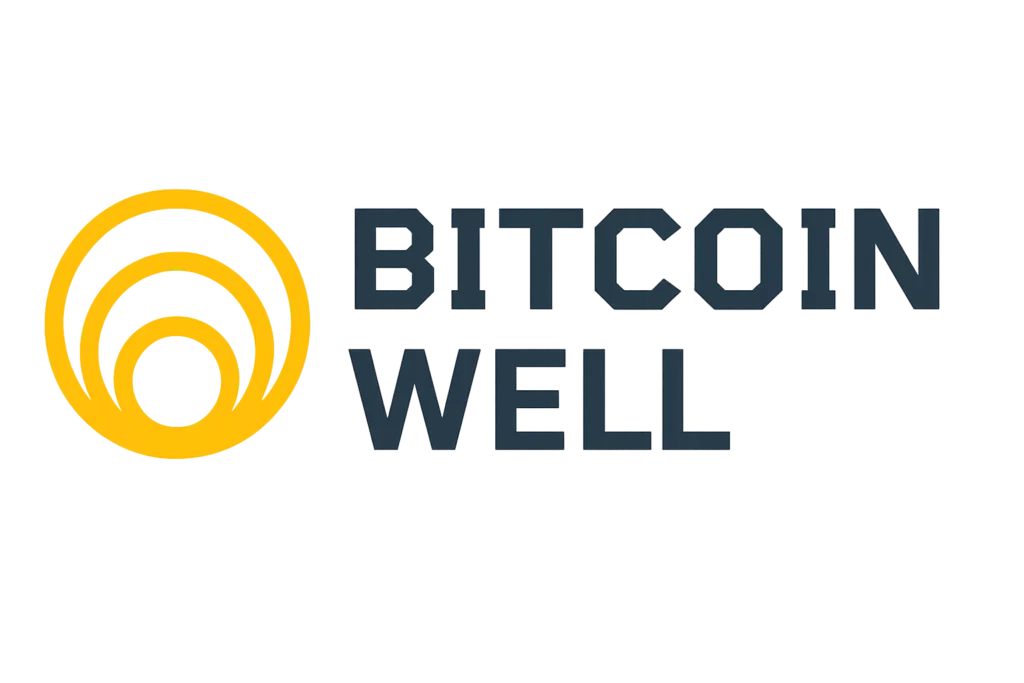 Bitcoin Well logo featuring a stylized yellow concentric circle design and bold, modern text on a white background.