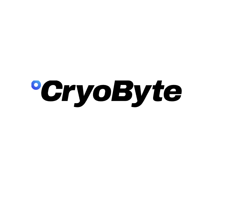 CryoByte logo with bold black text and a blue gradient circular accent on a transparent background.