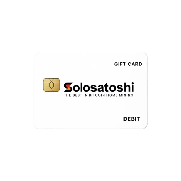 Solo Satoshi gift card with chip icon and “The Best in Bitcoin Home Mining” slogan