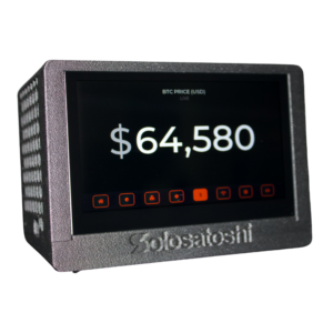 Bitaxe Touch Turbo Edition displaying live Bitcoin price of $64,580 USD on the 4.3-inch capacitive touchscreen with 8 navigation icons and Solo Satoshi branding