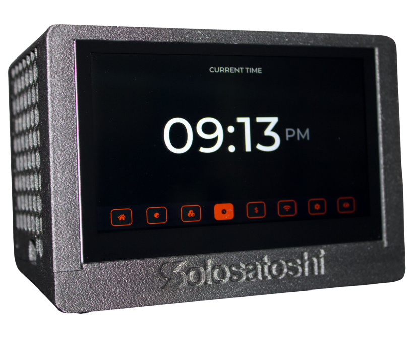Bitaxe Touch Turbo Edition digital clock screen displaying 09:13 PM in 12-hour format as a desk clock