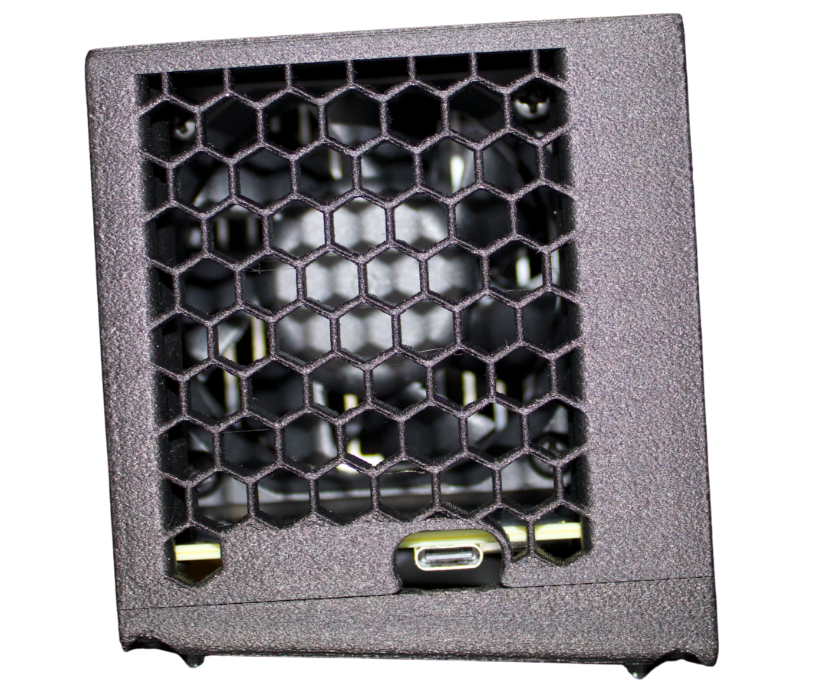 Bitaxe Touch Turbo Edition rear exhaust side with honeycomb vent, 60mm heatsink, and USB-C firmware update port