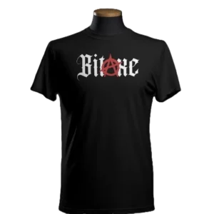 Black Bitaxe T-shirt with white gothic logo and red anarchy “A” symbol