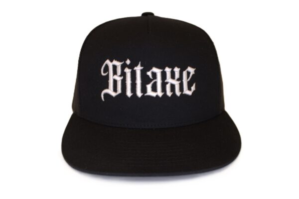 Black Bitaxe snapback hat with white embroidered Angel Wish font logo on the front.