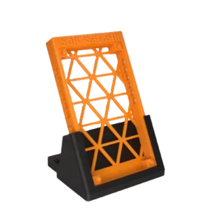 Bitaxe upright stand in orange and black, open truss design with Solo Satoshi branding