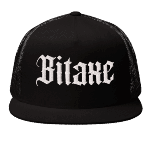 Black high profile trucker snapback hat with white gothic “Bitxae” lettering on the front and a flat bill.