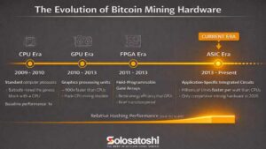 he evolution of Bitcoin mining hardware timeline by Solo Satoshi. Four eras shown: CPU era 2009-2010 with standard processors at baseline 1x performance, GPU era 2010-2013 at 100x faster than CPUs, FPGA era 2011-2013 with better energy efficiency, and the current ASIC era 2013-present with application-specific integrated circuits millions of times faster per watt than CPUs