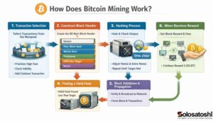 How does Bitcoin mining work? Solo Satoshi infographic showing the 6-step mining process: transaction selection from mempool, construct 80-byte block header with six fields, SHA-256 hashing process, finding a valid hash below target, block validation and propagation to the network, and miner receives 3.125 BTC coinbase reward plus transaction fees.