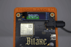 A close-up of a Bitaxe 601 Bitcoin miner showing its OLED screen, which displays the stratum host "public-pool.io" and the assigned local IP address "192.168.1.129," highlighted in green. The device is housed in an orange 3D-printed case labeled "SOLO SATOSHI."