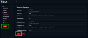 Screenshot of the BitaxeOS Pool Configuration page. The "Save" button at the bottom left and the "Restart" button on the side menu are both highlighted with bright green rectangles.