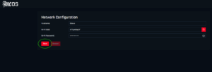 AxeOS network configuration screen with the "Save" button highlighted, showing fields for Hostname, Wi-Fi SSID, and Wi-Fi Password.