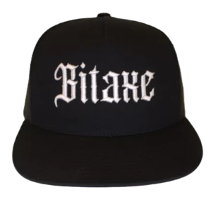 Black Bitaxe snapback hat with white gothic embroidery