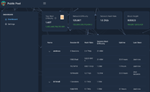 Public Pool solo mining dashboard showing best difficulty, network difficulty, hashrate, and worker sessions for Bitcoin home miners