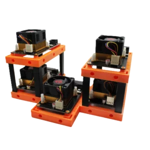 Stackable Bitaxe stand holding multiple open-frame miners in orange-and-black modular tiers
