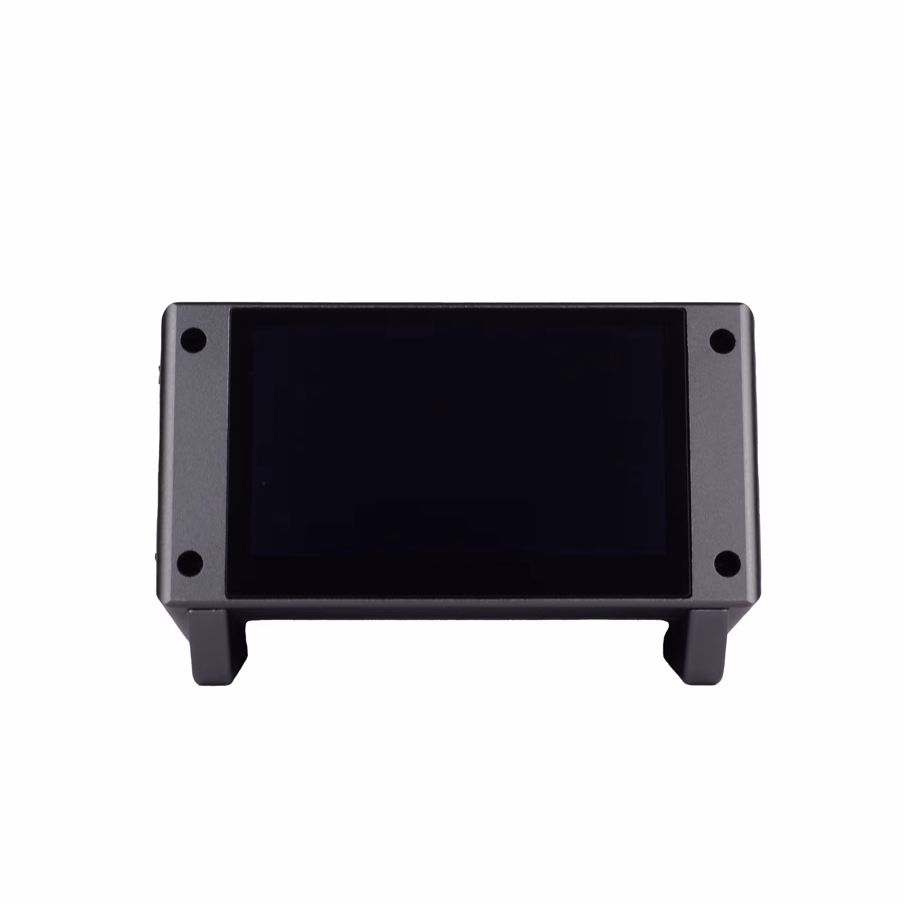 Front view of the Bitaxe Touch: a compact rectangular OLED touchscreen module with gray aluminum housing and two black mounting legs