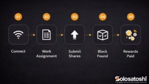 How Bitcoin mining pools work in 5 steps: connect to pool, receive work assignment, submit shares, block found, rewards paid to miners