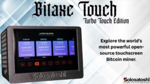 Bitaxe Touch Turbo Edition touchscreen Bitcoin miner displaying live blockchain data from mempool.space with 8 interactive screens, built on the GT 801 platform with dual BM1370 chips, assembled in the USA by Solo Satoshi
