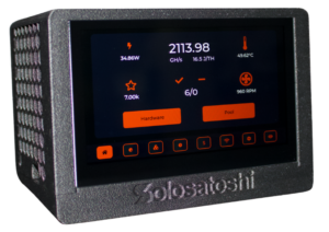 Bitaxe Turbo Touch home screen displaying 2113.98 GH/s hashrate, 34.86W power draw, 16.5 J/TH efficiency, 49.62°C temperature, 960 RPM fan speed, and 7.00k best difficulty with the Solo Satoshi logo on the 3D-printed enclosure