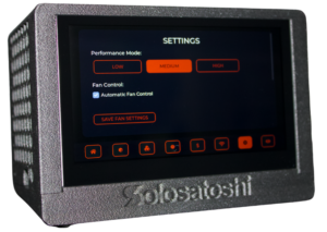 Bitaxe Turbo Touch settings screen showing Low, Medium, and High performance mode buttons, automatic fan control checkbox, and Save Fan Settings button