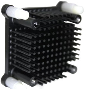 Angled view of Dark Horse pin-fin Bitaxe heatsink upgrade showing dense black anodized fins and nylon standoffs
