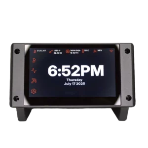 Bitaxe Touch bitcoin solo miner with 3.5-inch touchscreen displaying hashrate, efficiency, and temperature dashboard