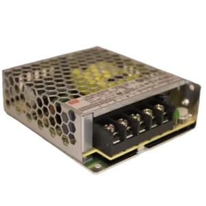 Mean Well LRS-50-5 5-V 10-A power supply angled view with honeycomb cover and screw terminals for Bitaxe overclocking