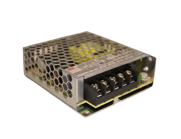 Mean Well LRS-50-5 5-V 10-A power supply angled view with honeycomb cover and screw terminals for Bitaxe overclocking