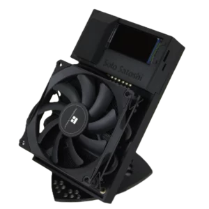 NerdQaxe+ bitcoin solo miner with oversized Thermalright fan, custom Solo Satoshi shroud, and OLED display