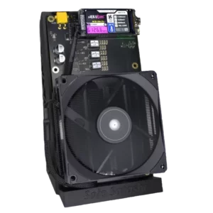 NerdQaxe++ Rev 6 bitcoin solo miner with 120 mm fan, XT30 power connector, and OLED stats screen