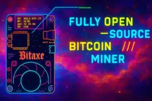 Colorful neon illustration of a Bitaxe open-source Bitcoin miner with a digital display, over a cosmic background, and bold text reading “Fully Open-Source Bitcoin Miner.