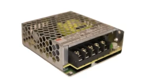 Mean Well LRS 50 5 power supply angled view showing screw terminals and honeycomb cover ideal for single chip Bitaxe Gamma overclocking