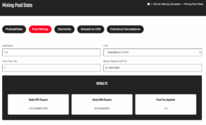 Screenshot of a Mining Pool Stats calculator tool showing bitcoin mining pool payout estimates, including hashrate, pool fee, block reward, and daily BTC and USD payout results.