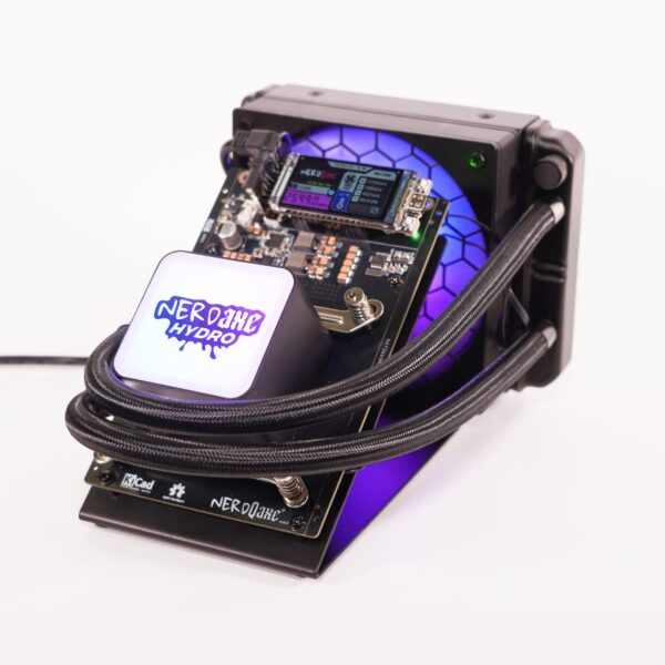 Angled view of the NerdQaxe+ Hydro solo bitcoin miner with glowing LED branding, braided coolant tubes, and illuminated hydro cooling system on a white background.