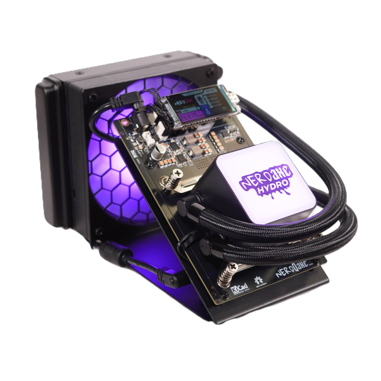 The NerdQaxe+ Hydro solo bitcoin miner displayed on a white background, featuring a hydro-cooled system with illuminated purple LED lighting and braided tubing.