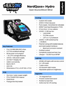 Informational flyer for the NerdQaxe+ Hydro Open-Source Bitcoin Miner by CryoByte, featuring a rendered image of the water-cooled mining device and detailed specifications about cooling, key features, PCB, lighting, and upgrades.