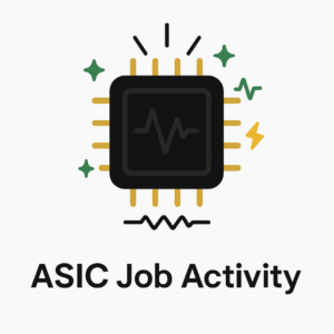 A lively black microchip with gold pins, surrounded by sparkles, lightning bolts, and radiating lines to show activity. Inside the chip is a waveform. The phrase "ASIC Job Activity" appears in bold text below, all set on a white background. Understanding the Bitaxe Mining Log