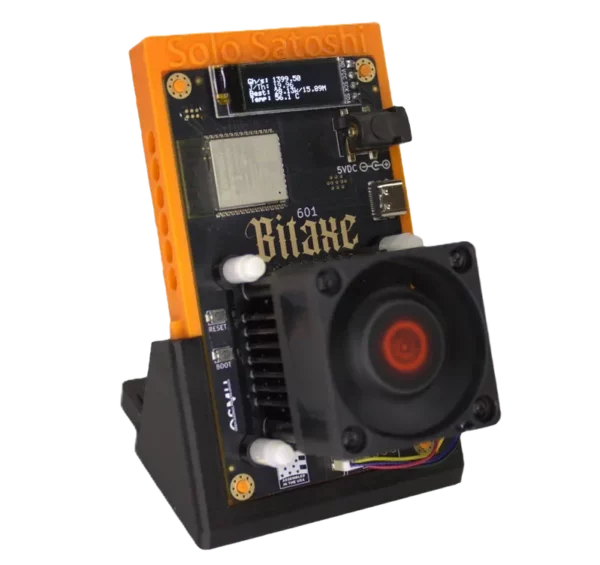 Bitaxe Gamma bitcoin solo miner on stand with Dark Horse heatsink upgrade for cooler, higher-performance home mining.